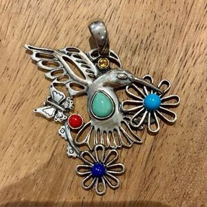 Navajo Fritz Casuse for Carolyn Pollack Silver Hummingbird Pendant Gemstones